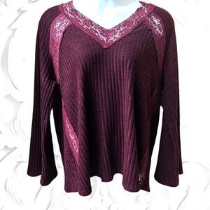 SUSAN BETRO Women's Deep Purple Lacy LongSleeve Ribbed V- Neck Sweater Size 2X